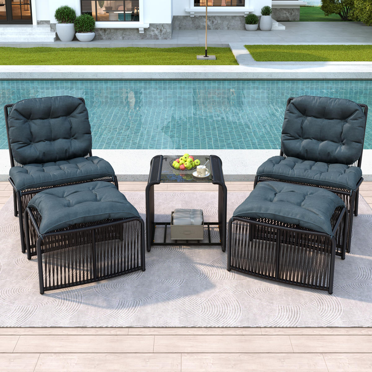 LOUNGESET Rattan Schwarz/Grau 5-tlg. - Grau, Metall - ComfortXL