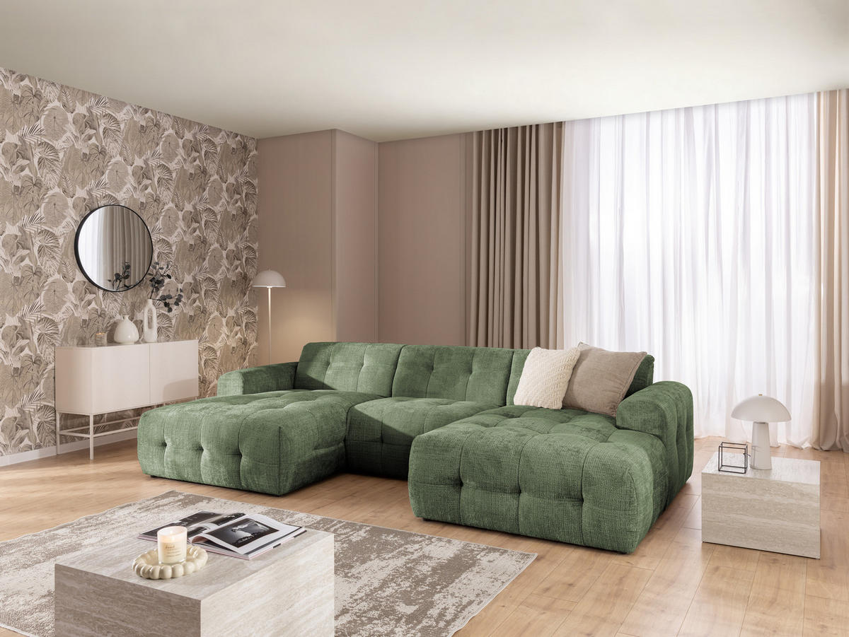 WOHNLANDSCHAFT Kozy im Bumpy-Design mit fester Rückenlehne aus weichem Grün Chenille-Stoff - Schwarz/Grün, Holz/Kunststoff (323/79/161cm) - S-Style Möbel