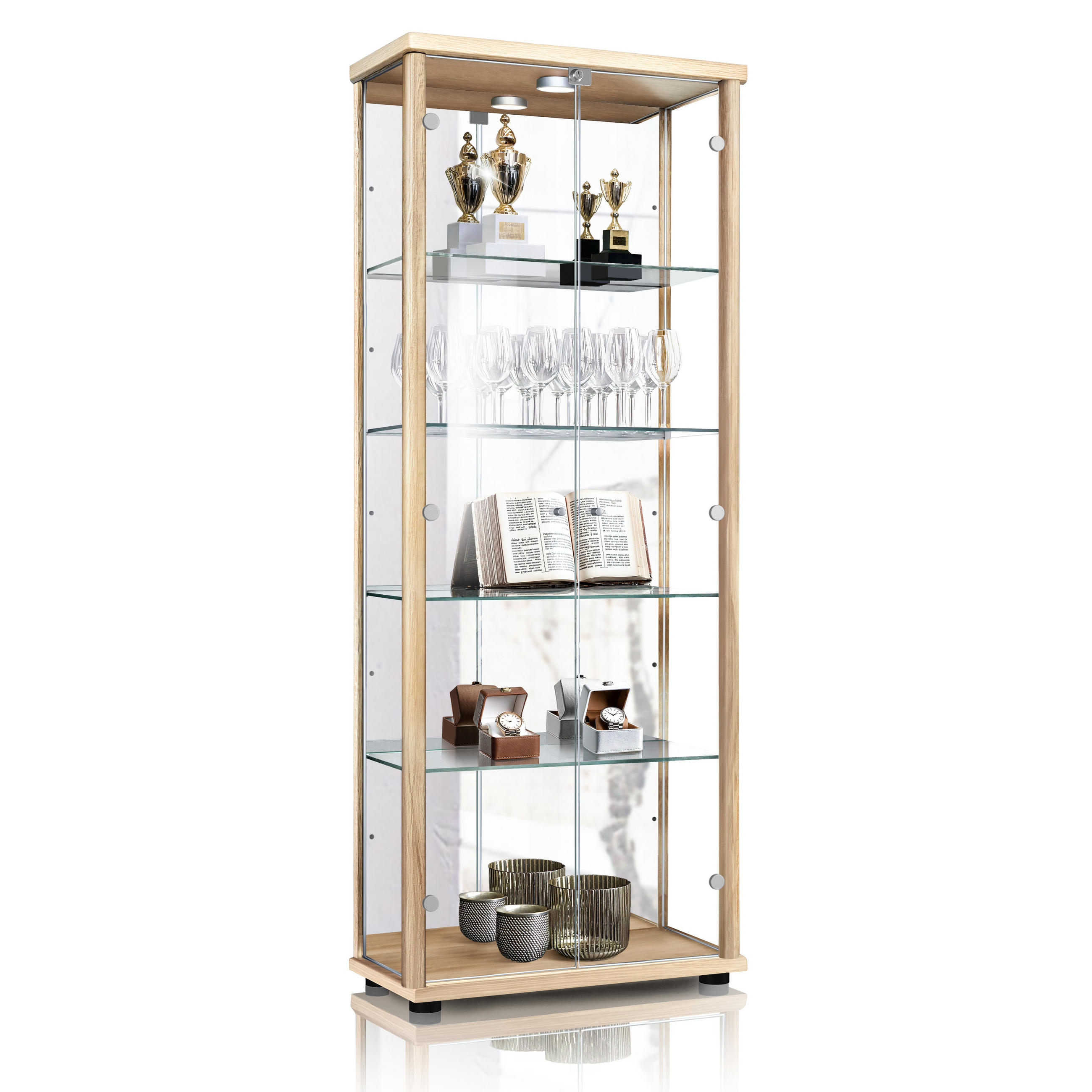 GLASVITRINE 33/67/176 cm mit Spiegel, LED, Schloss & 4 höhenverstellbaren Glasböden - Transparent/Silberfarben, Glas/Holzwerkstoff (67/176/33cm) - K-Möbel