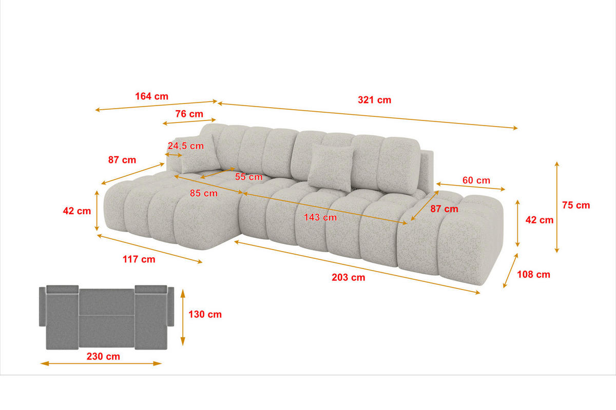 ECKSOFA mit Schlaffunktion Ottomane Links OLEA-L2 321x164x75 Hellgrau Tissu - Silberfarben/Schwarz, Holzwerkstoff/Kunststoff (321/164cm) - ALTDECOR