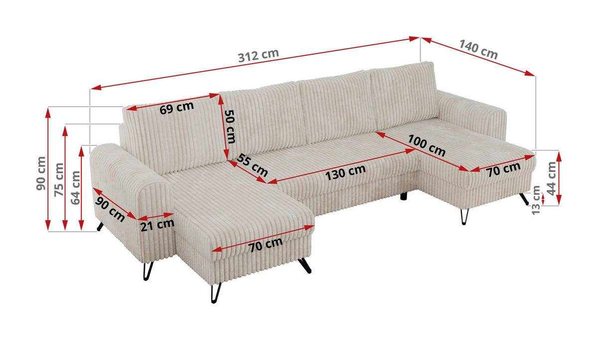 WOHNLANDSCHAFT AXEL U Cord Beige - Beige/Schwarz, Textil/Metall (312/90/140cm) - MKS