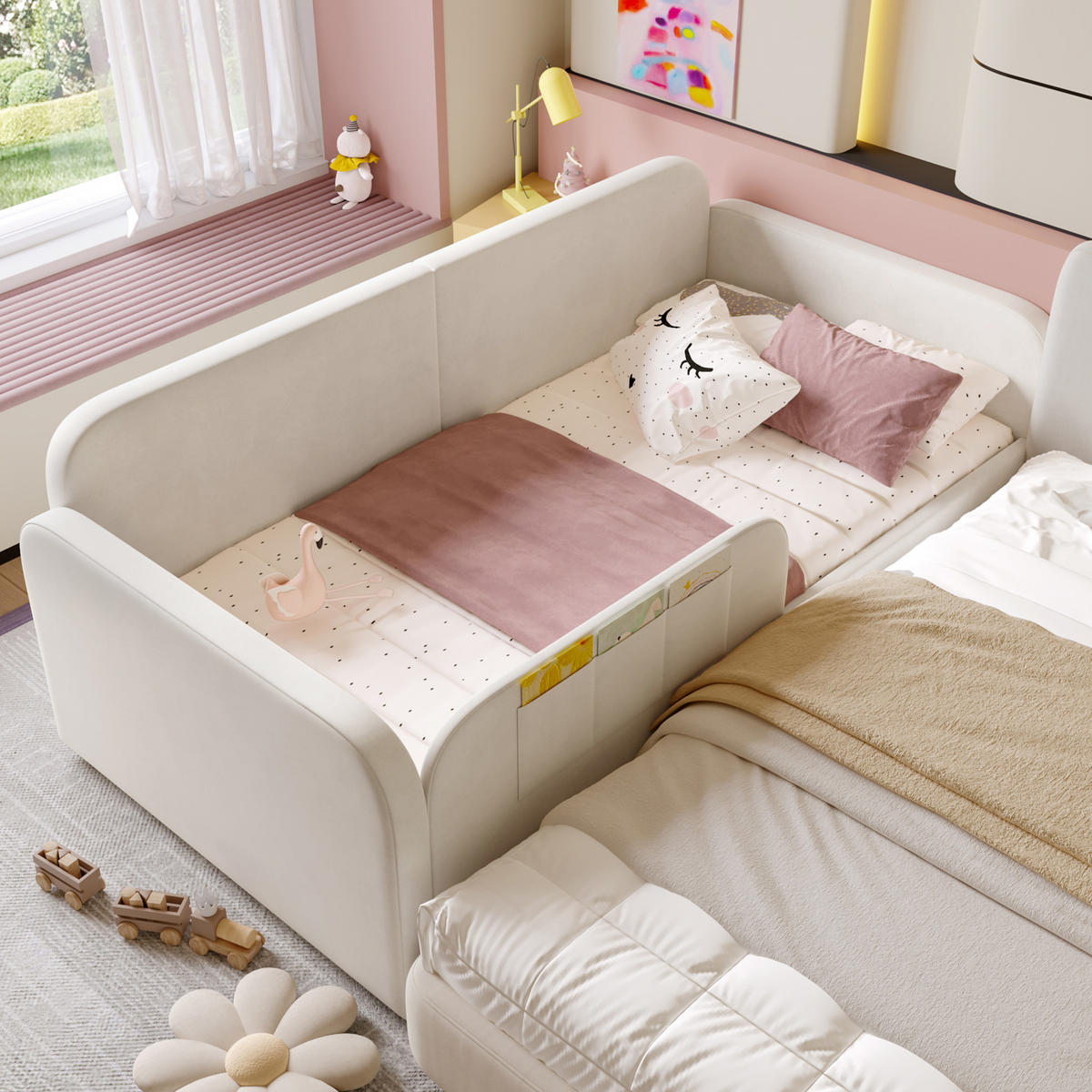 KINDERBETT 90/200 cm in Weiß mit 2 Schubladen und Taschen Samt - Weiß, Holzwerkstoff/Textil (90/200cm) - CHICFURN