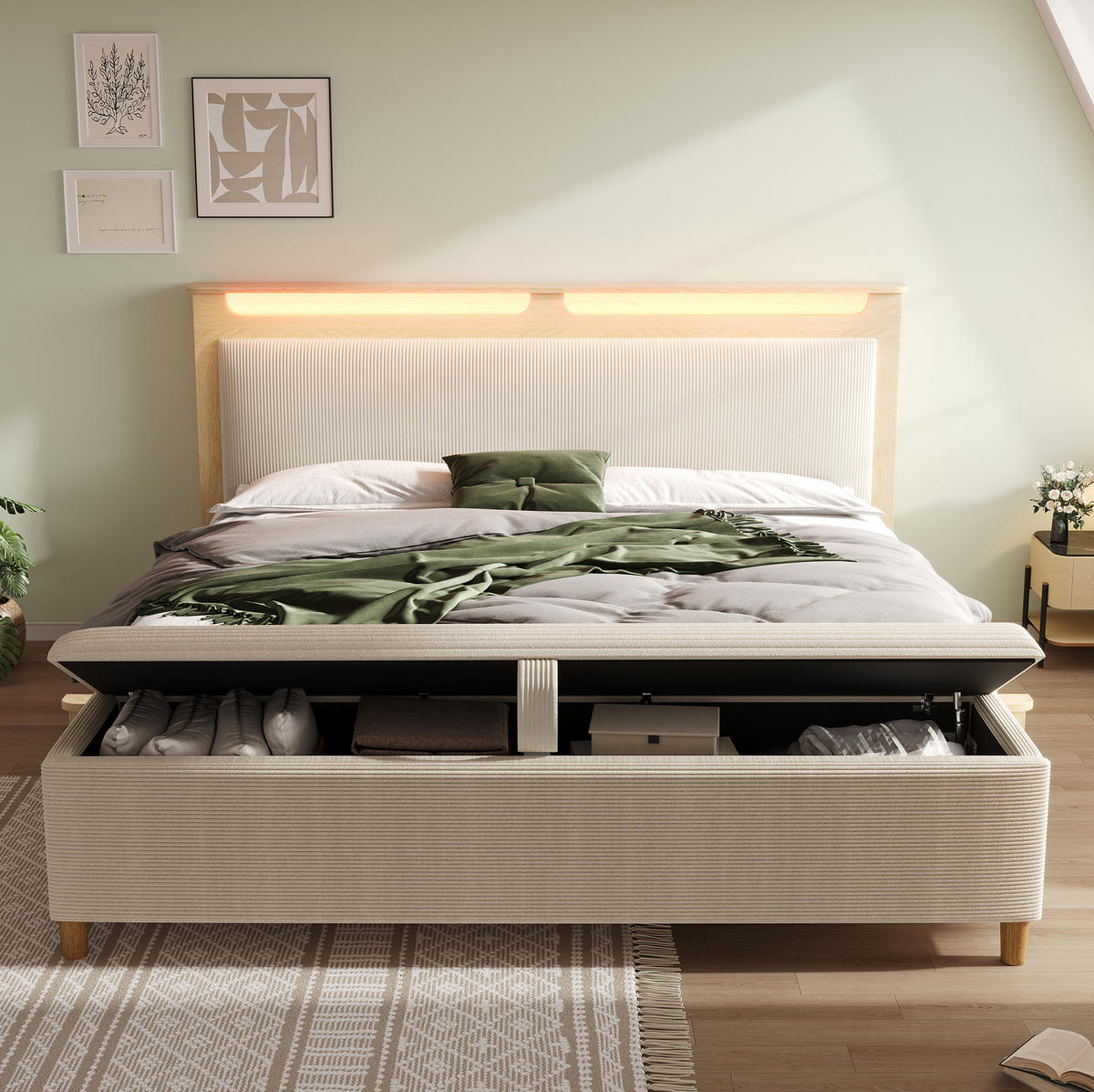 POLSTERBETT 160/200 cm mit LED-Beleuchtung, Kopfteil mit Stauraum und Bettbank, Beige - Beige, Holz (160/200cm) - Redom
