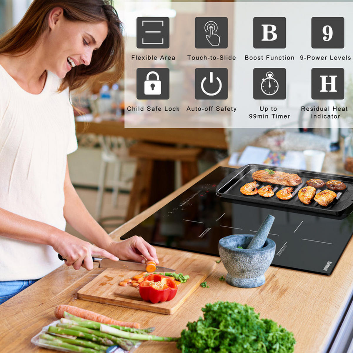INDUKTIONSKOCHFELD 4-Brenner – Flexzone, Timer, Boost, 7200 W - Schwarz, Keramik (52/5/56cm) - Coonoor