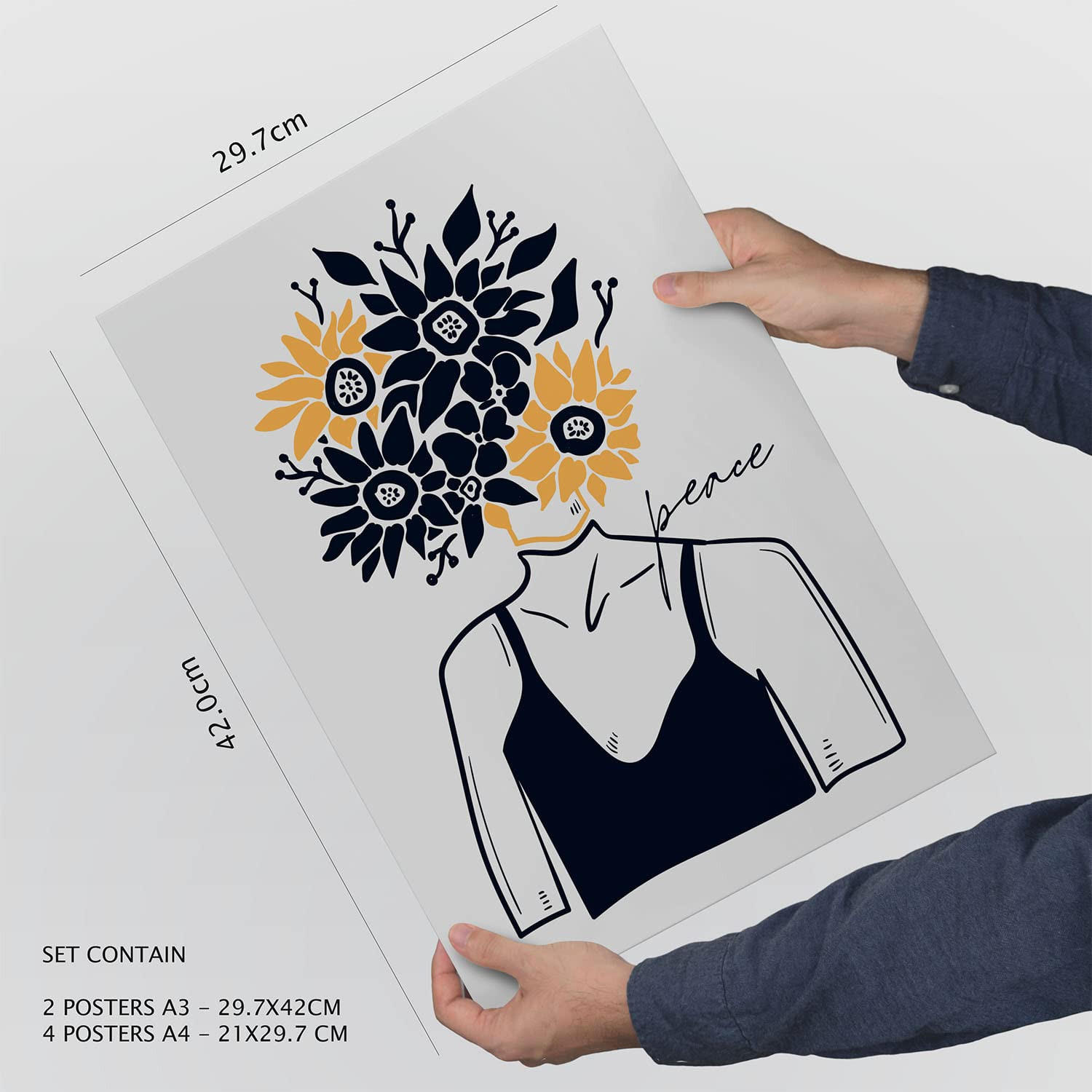 POSTER Set Mit 6 In Schwarzer Tinte Liebe Machen, Nicht Krieg Kunstdrucke Von Meer Und Ozean Für Innenarchitektur A3 & A4 Rahmen Aus Hellem Holz - Beige, Papier (29/3cm) - Nacnic