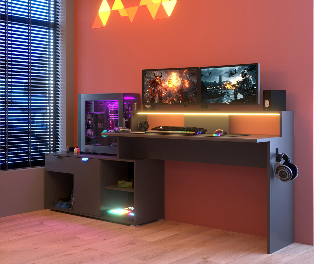 GAMINGTISCH schwarz, grau 229 cm, Gamer Eckchreibtisch inklusive LED mit Farbwechsel - Schwarz/Grau, Holzwerkstoff/Kunststoff (60/229/95cm) - Parisot Meuble
