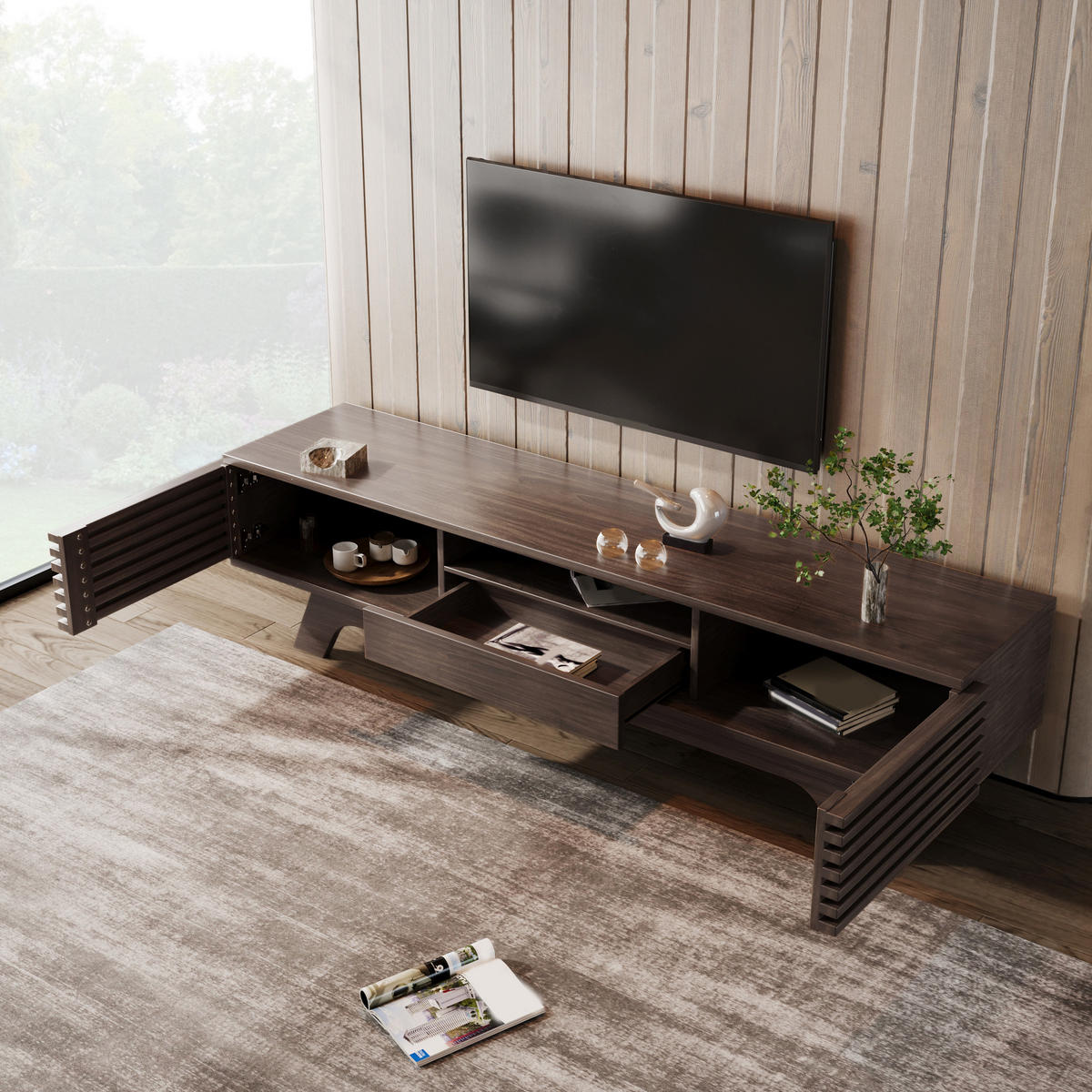 TV-ELEMENT150X35X44CM VintageHolzfarbe mit Schublade und Türen TVLowboard - Naturfarben, Holz (41/15/159cm) - Raelunyi