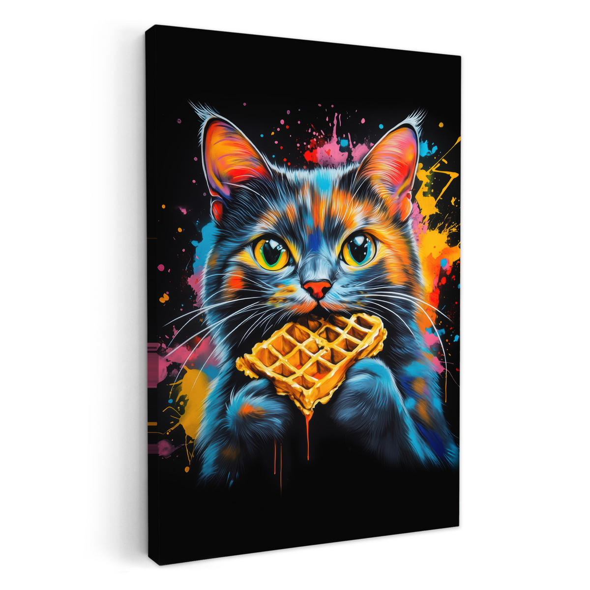 LEINWANDBILD Katze - Graffiti - Bunt - Waffel - Essen 80x120 cm - Türkis, Textil (80/120cm) - MuchoWow