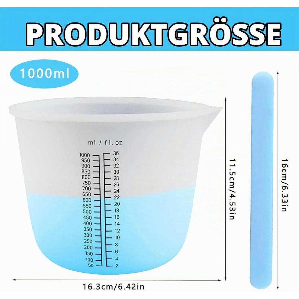 MESSBECHER Set 2-teilig Silikon 1000 ml mit Rührstäbchen - Blau, Kunststoff (1L)