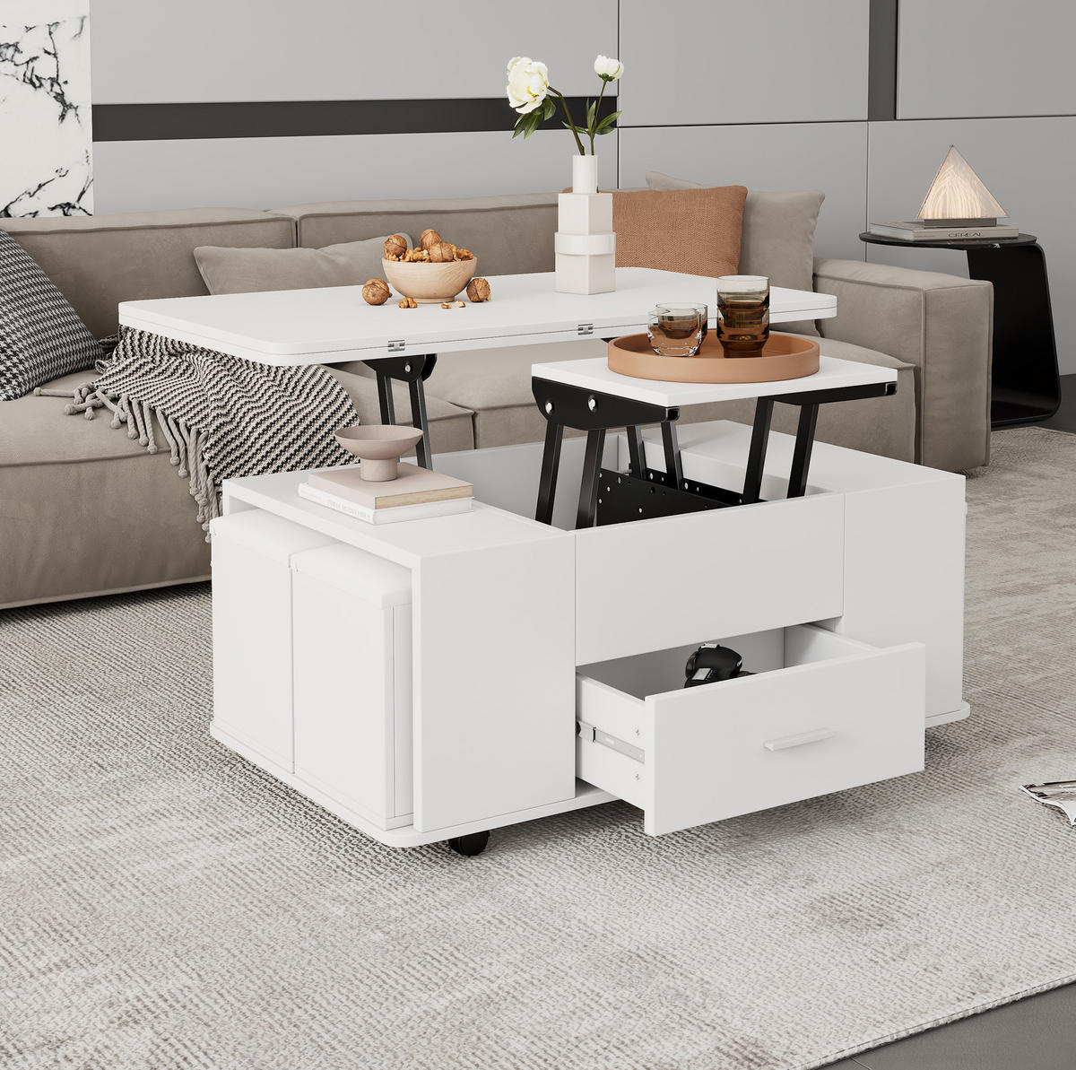 COUCHTISCH 100/50/45 cm höhenverstellbar und ausklappbar mit 4 Hockern, Schublade und Stauraum aus Spanplatte, Weiß - Weiß, Holzwerkstoff (100/50/45cm) - Redom