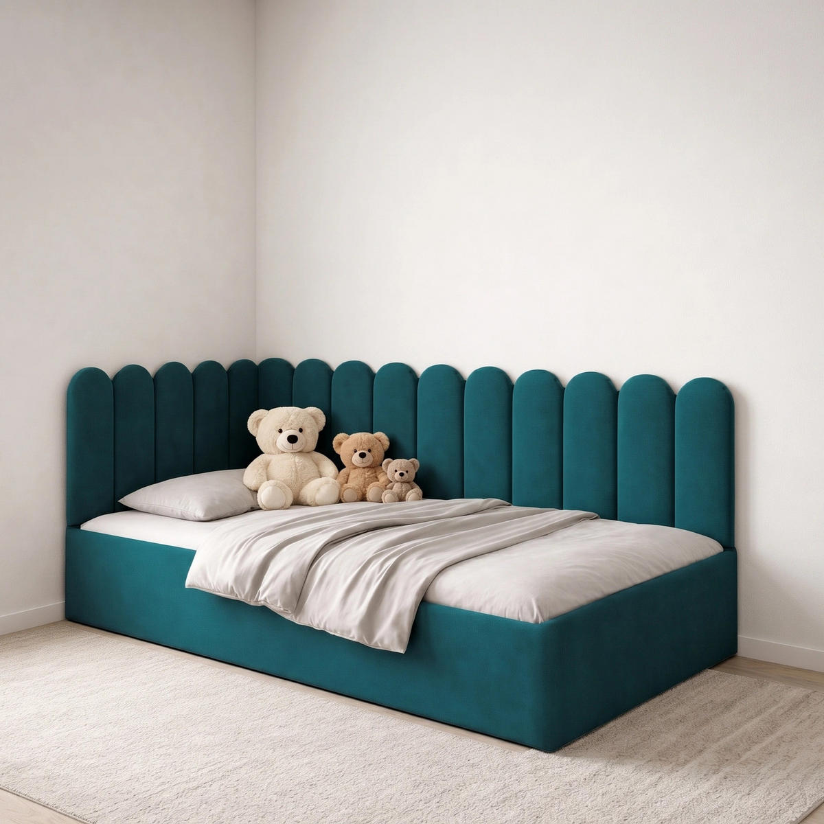 JUGENDBETT Junior Türkis Samtvelours mit Wandpaneelen - 120x200 cm - Bettkasten - Türkis, Holzwerkstoff/Textil (120/200cm) - Ravio