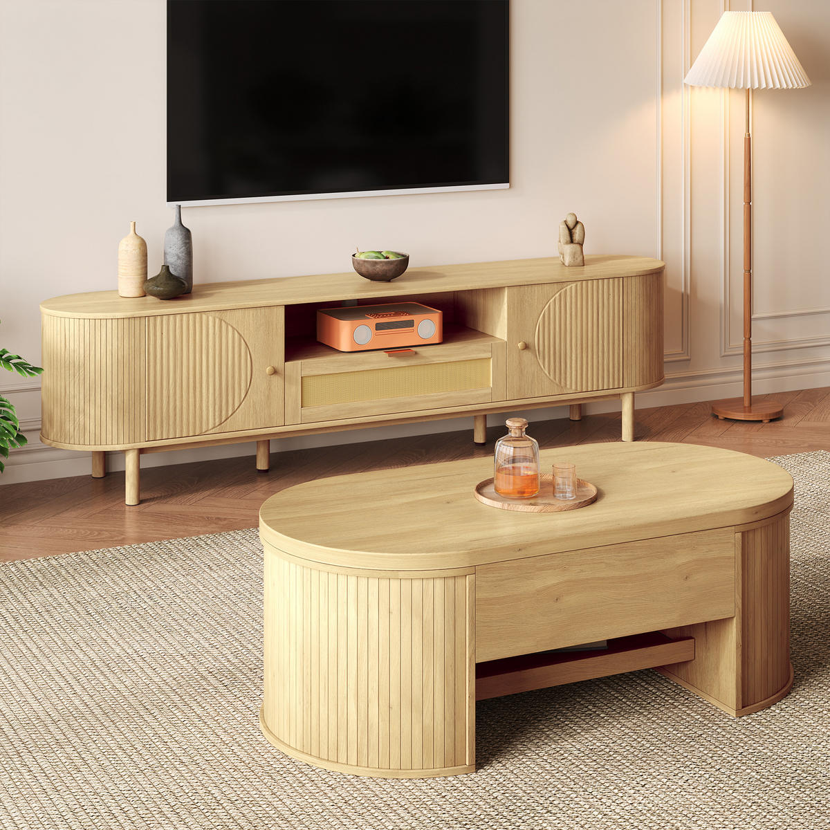 WOHNZIMMERSET Couchtisch TV-SCHRANK - Naturfarben, Holzwerkstoff (175/51/36cm)