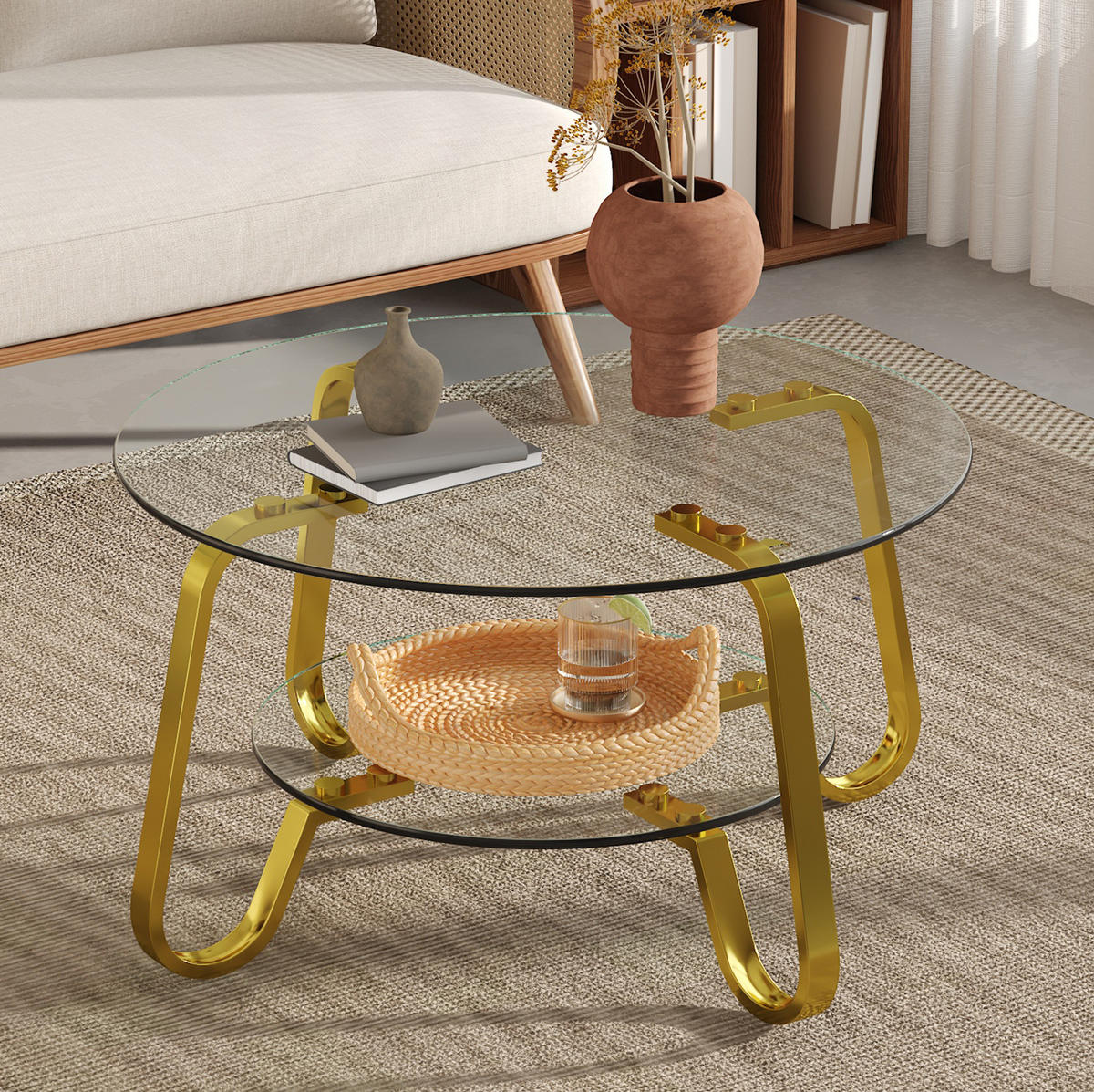 COUCHTISCH aus Metall und Sicherheitsglas in Gold mit 2 Ebenen - Goldfarben, Metall (80/80/45cm) - Modfu