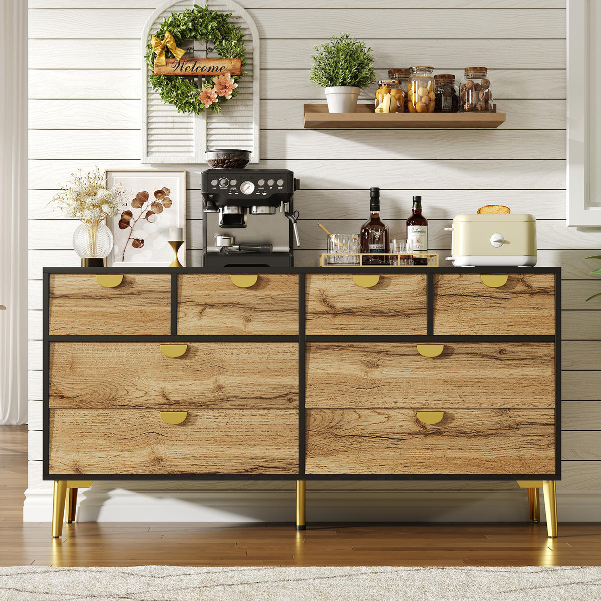 SIDEBOARD mit 8 Schubladen Brown und Black 150/40/78 cm - Braun, Holz (40/78/150cm) - Urban Meuble