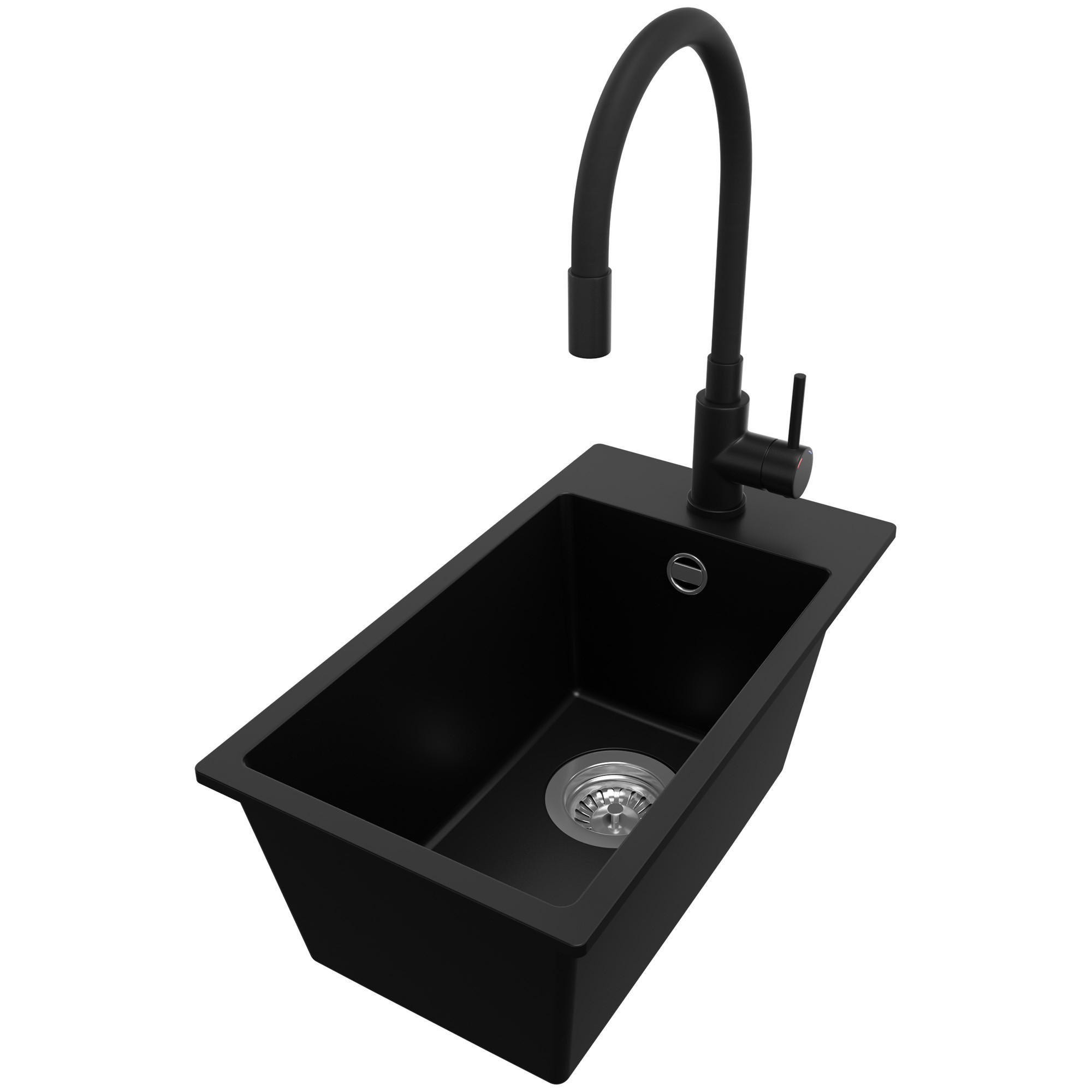 GRANITSPÜLE Riga, 2-er set Schwarz 28/50 cm 1 Becken + Küchenarmatur 40/38 cm + Ablauf-Set ab 30er Unterschrank - Chromfarben/Schwarz, Kunststoff (28/20/50cm) - Primagran