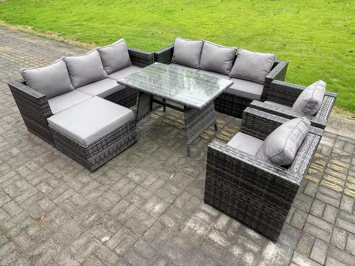 GARTENMÖBELSET mit Stuhl Esstisch 9-Sitzer Grau - Dunkelgrau/Grau, Glas/Kunststoff - Fimous