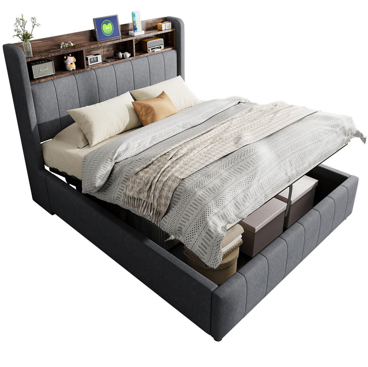 POLSTERBETT 140/200 cm mit Bettkasten, LED-Beleuchtung und USB in Grau - Grau, Textil (140/200cm) - BEAOK