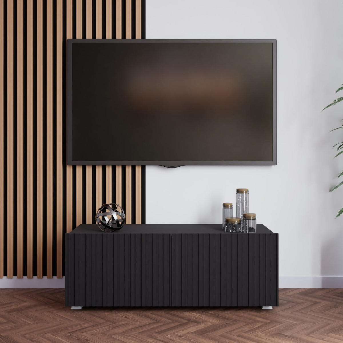 TV-LOWBOARD Kolder 100 cm Schwarz mit geriffelten Fronten - Silberfarben/Schwarz, Holzwerkstoff/Kunststoff (100/38/43cm) - Ravio