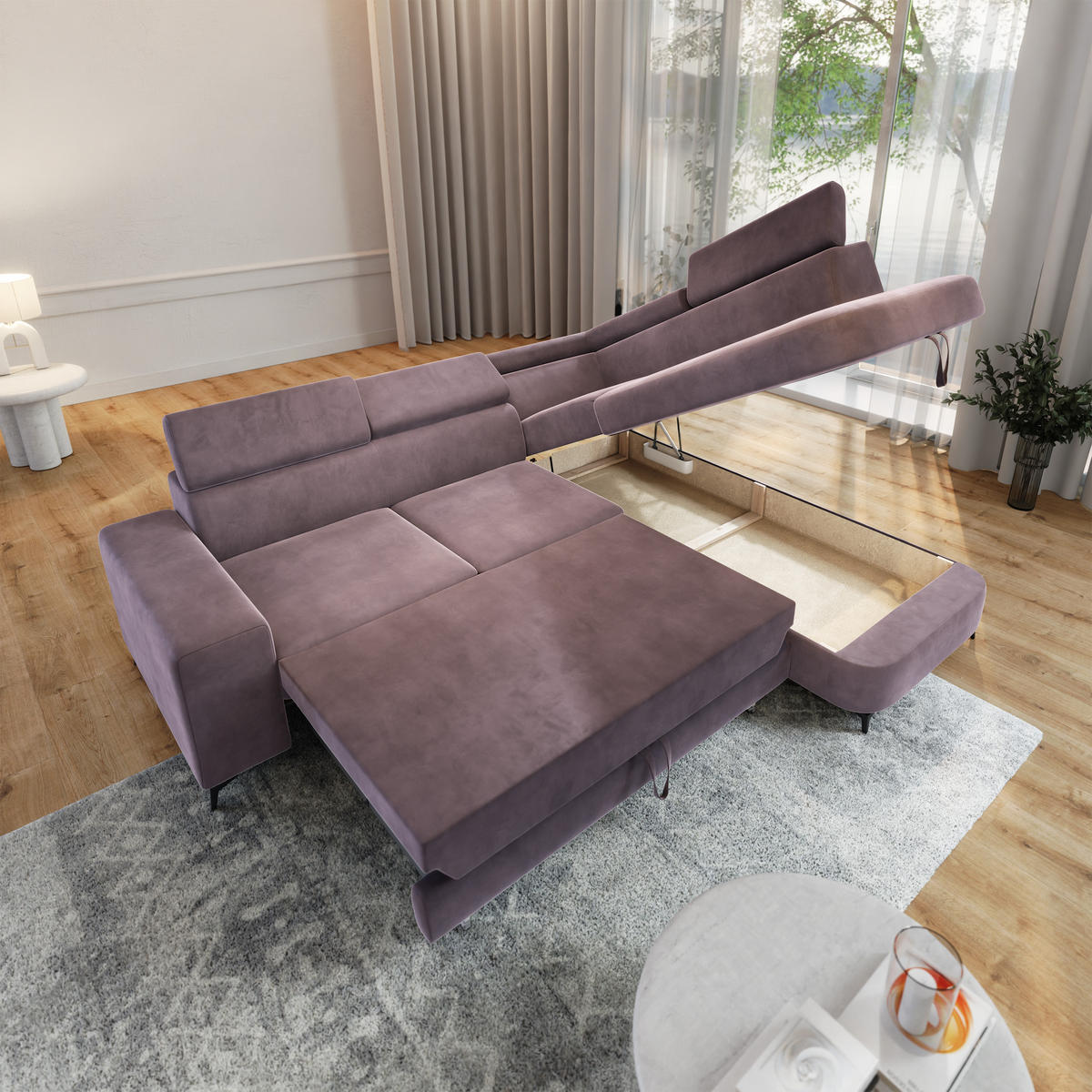 ECKSOFA ALVORO R-S Lila Velours-Stoff mit Schlaffunktion - Lila, Holz (253/190cm) - MASSENO