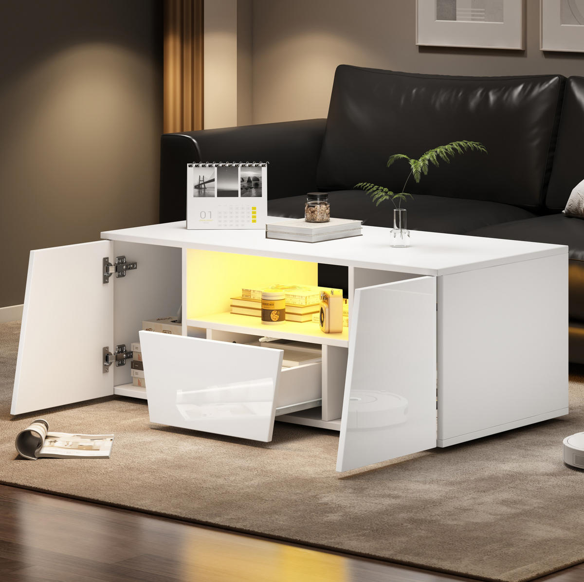 COUCHTISCH 100/50/40 cm mit LED-Beleuchtung, Hochglanz und Stauraum - Weiß, Holzwerkstoff (100/50/40cm) - Flora Grace