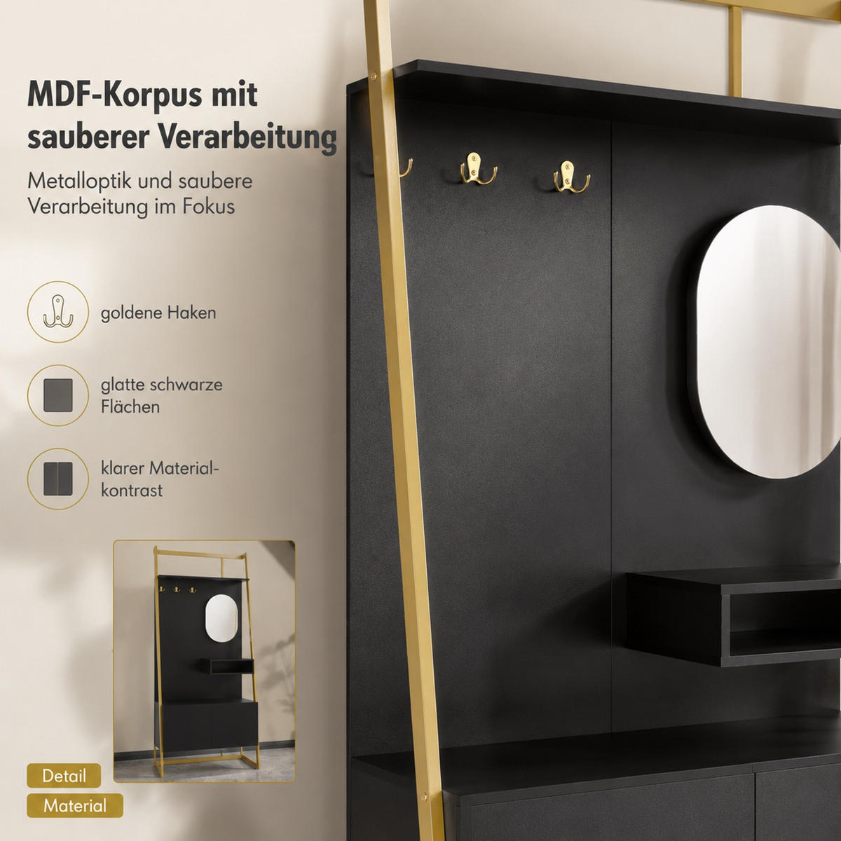 KOMPAKTGARDEROBE 78/38,5/180,5 cm aus Holzwerkstoff und Metall mit Spiegel und Schuhschrank Schwarz - Schwarz, Holzwerkstoff (78/180.5/38.5cm) - Modenvie