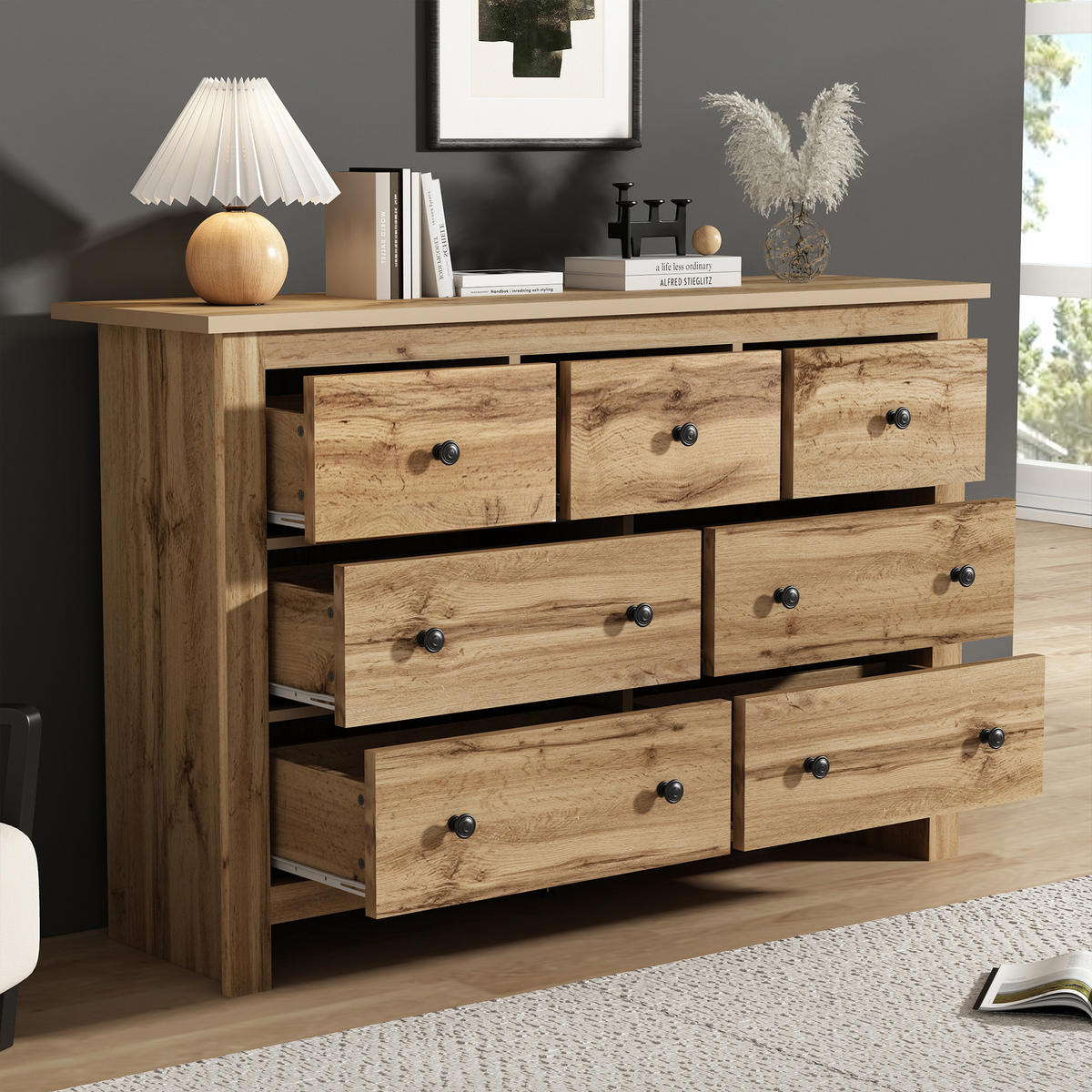 SIDEBOARD Holz 7 Schubladen Modern Stauraum Minimalistisch - Naturfarben, Holzwerkstoff (40/89/152cm) - FLIEKS