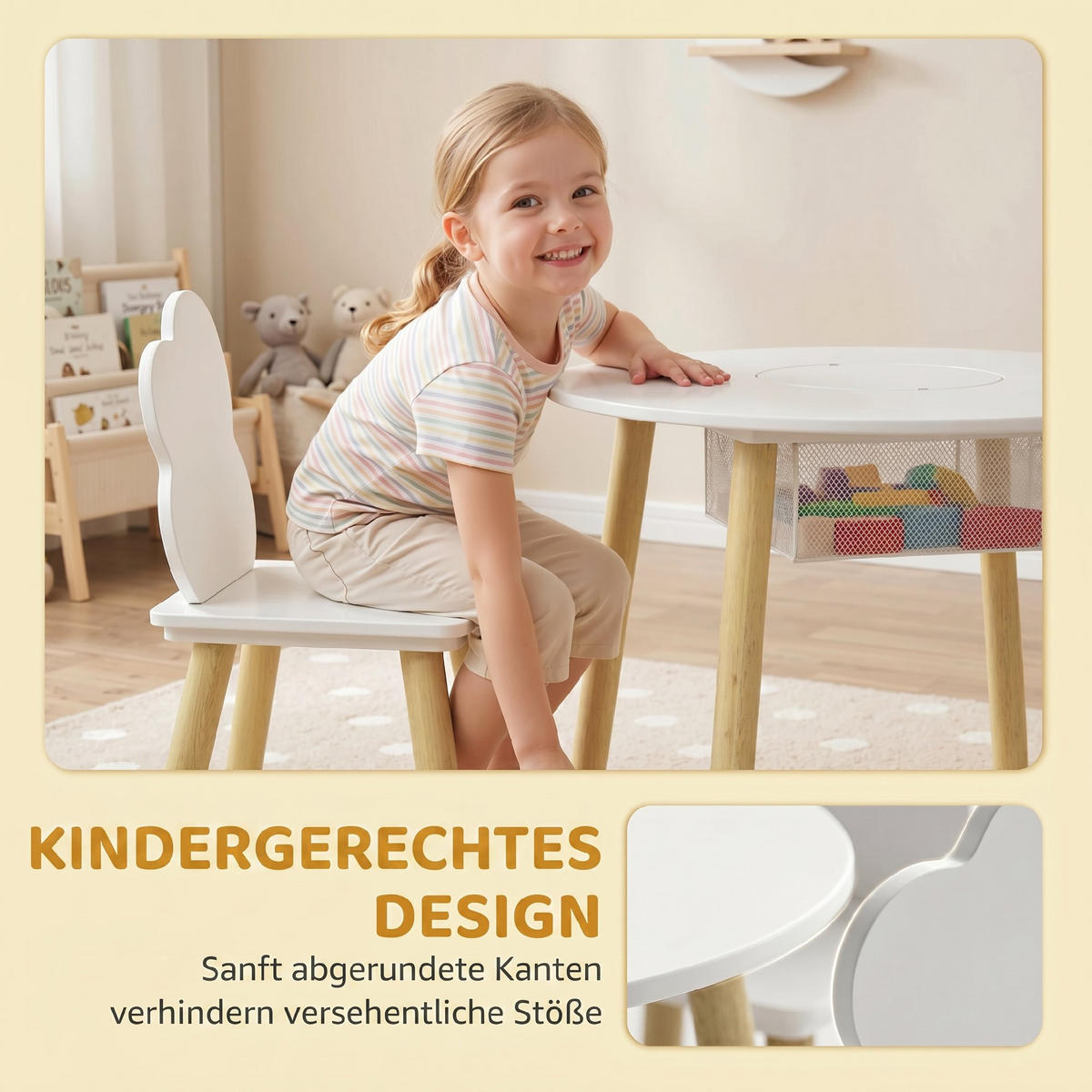 KINDERTISCH-UND-STUHLSET MDF Kiefernholz Weiß - Weiß/Kieferfarben, Holz (60/44/60cm) - AIYAPLAY