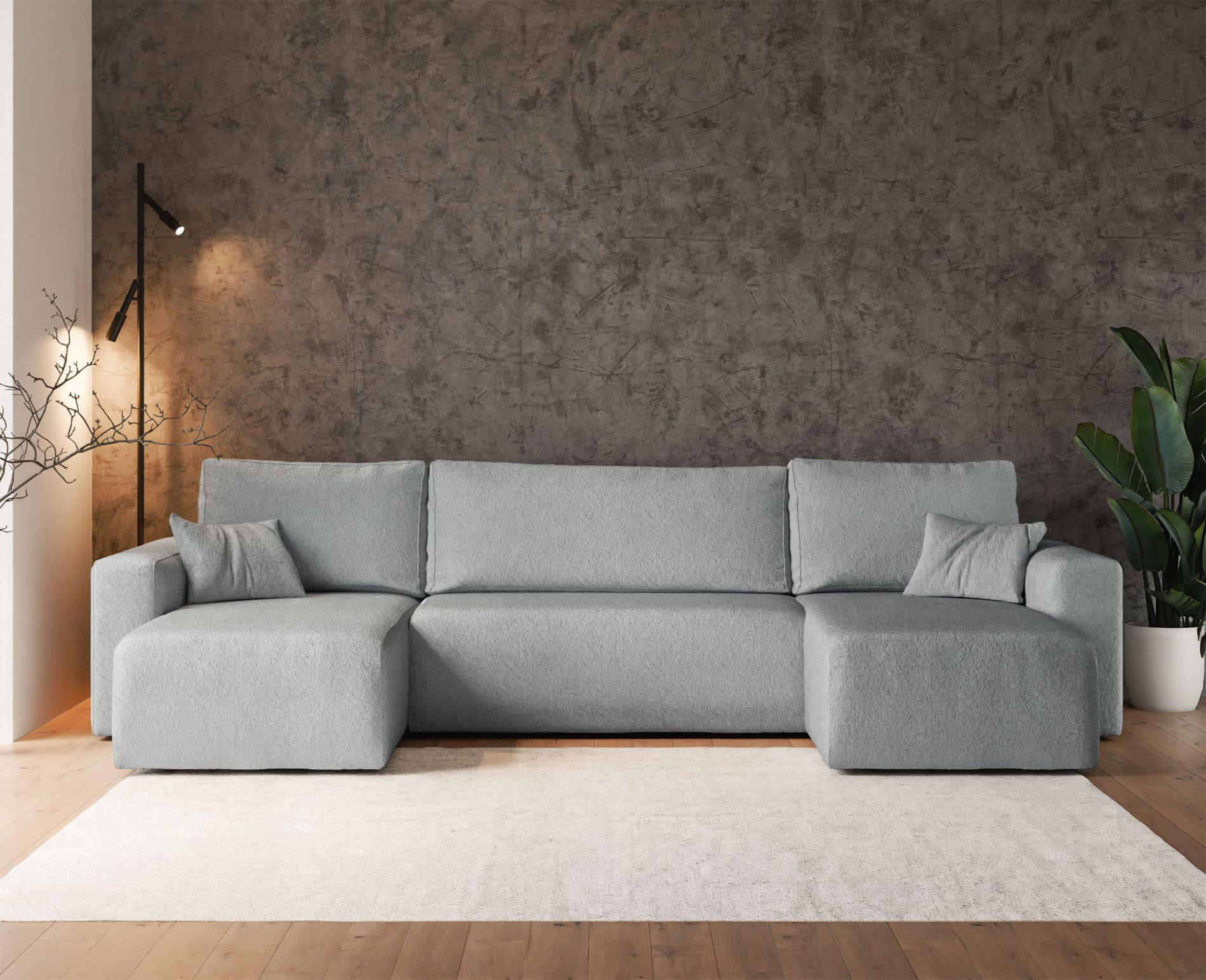 WOHNLANDSCHAFT Pianoni Hellgrau Bouclé-Bezug - Hellgrau/Schwarz, Kunststoff/Textil (312/83/140cm) - Selsey