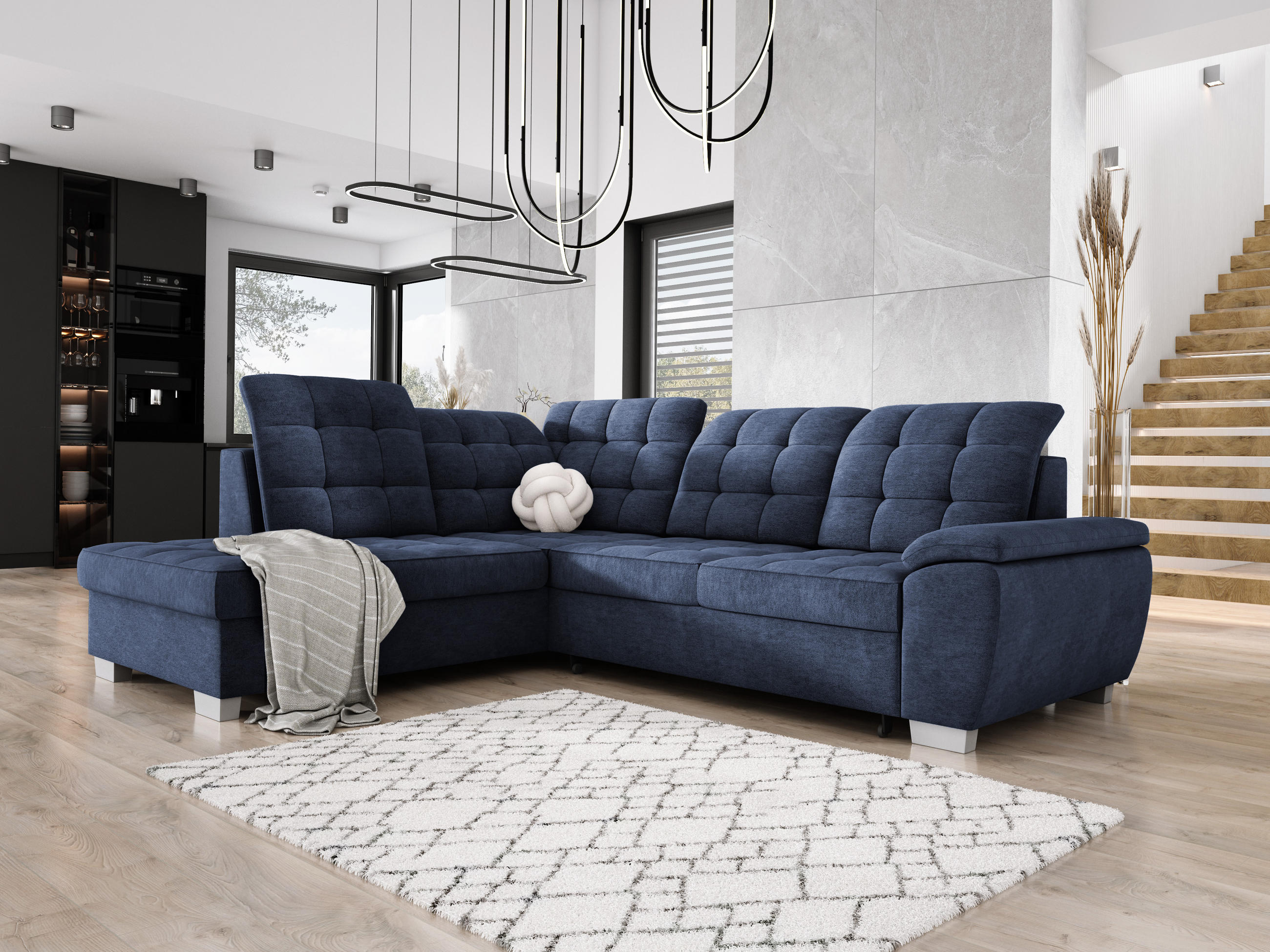 ECKSOFA LOTTA L-förmig Bettkasten verstellbare Kopfstützen hochwertige Verarbeitung lose Rückenkissen freistehend LINKS 212x258x106 cm Blue - Blau, Holz/Textil (212/258cm) - DomoHome