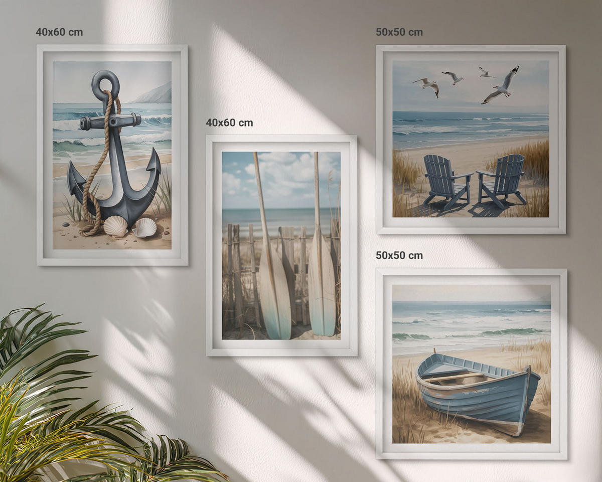 BILDER SET 4er Set - 50x50 cm & 40x60 cm Weißer Rahmen - Anker, Boot, Ruder, Strand - Weiß, Kunststoff (50/50cm) - TULUP