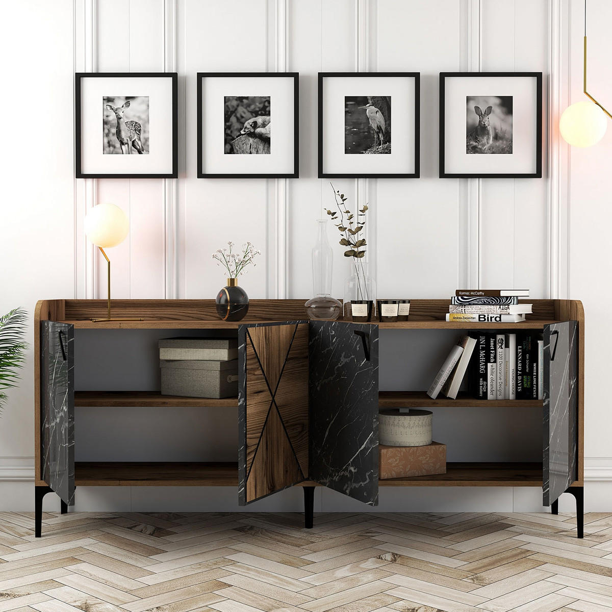 SIDEBOARD 4 Türen L180 cm - Venedik - Schwarz, Holzwerkstoff (35/78/180cm) - Calicosy