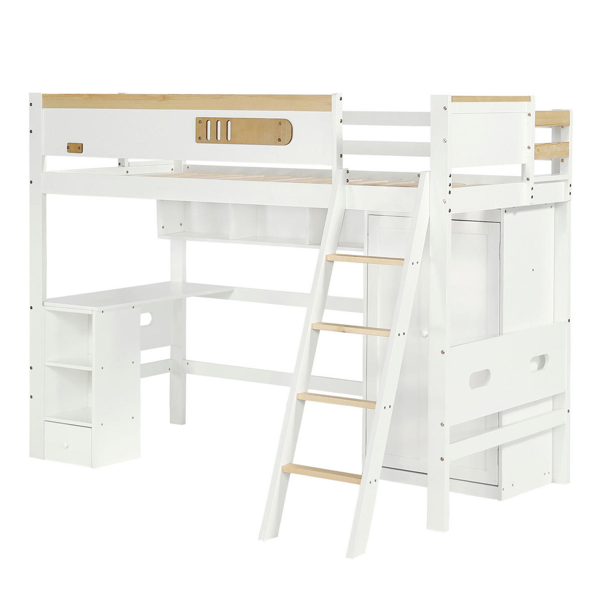 ETAGENBETT aus Kiefernholz, MDF und Sperrholz 90x200 cm Weiß/Natur mit Schreibtisch und Kleiderschrank - Weiß, Holzwerkstoff (90/200cm) - IVMEU