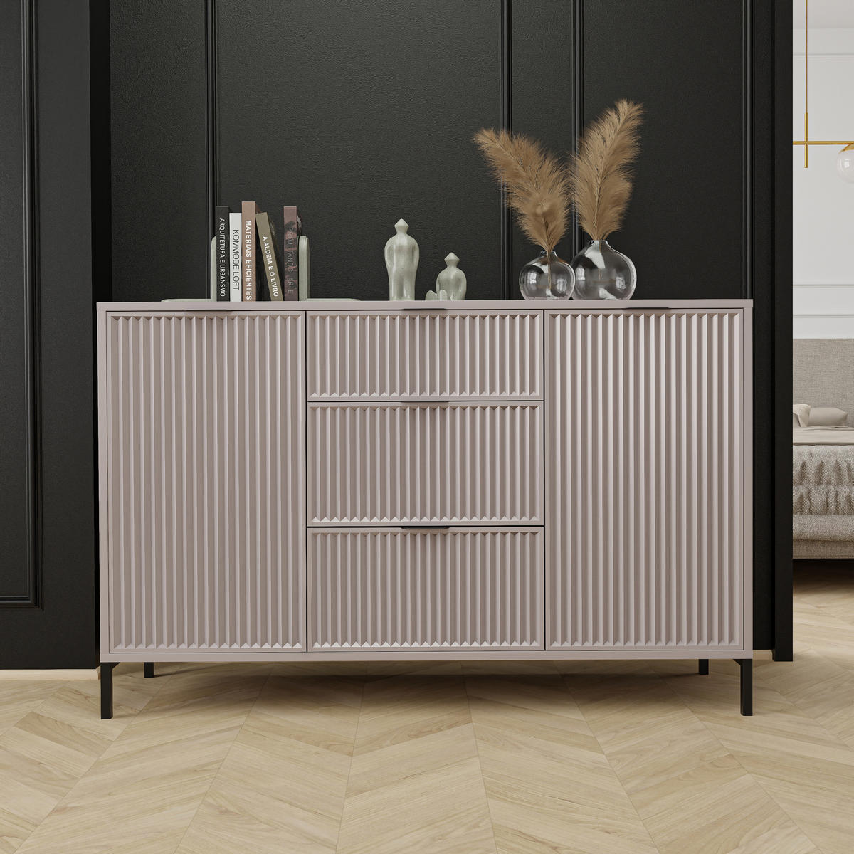 KOMMODE klein Aufbewahrungsschrank mit 3 Schubladen und 2 Türen, Beige - Beige, Holzwerkstoff (135/87/41cm) - Idohome