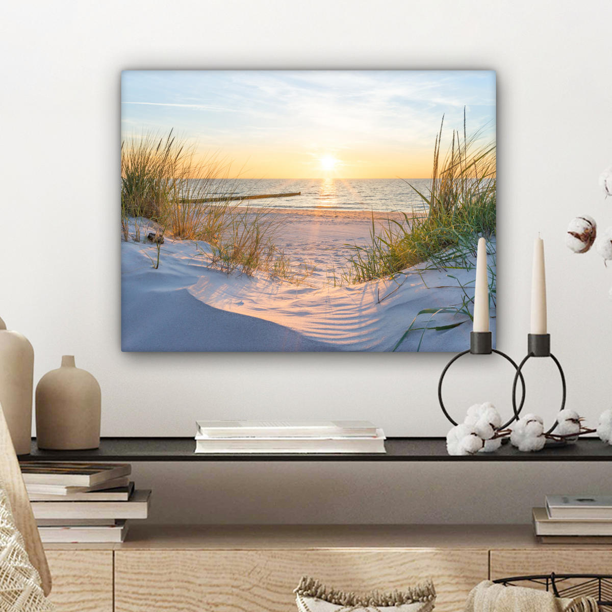 LEINWANDBILD Strand - Sonne - Düne - Gras - Sand - Horizont Wandbild 40x30 cm - Hellblau, Textil (40/30cm) - MuchoWow