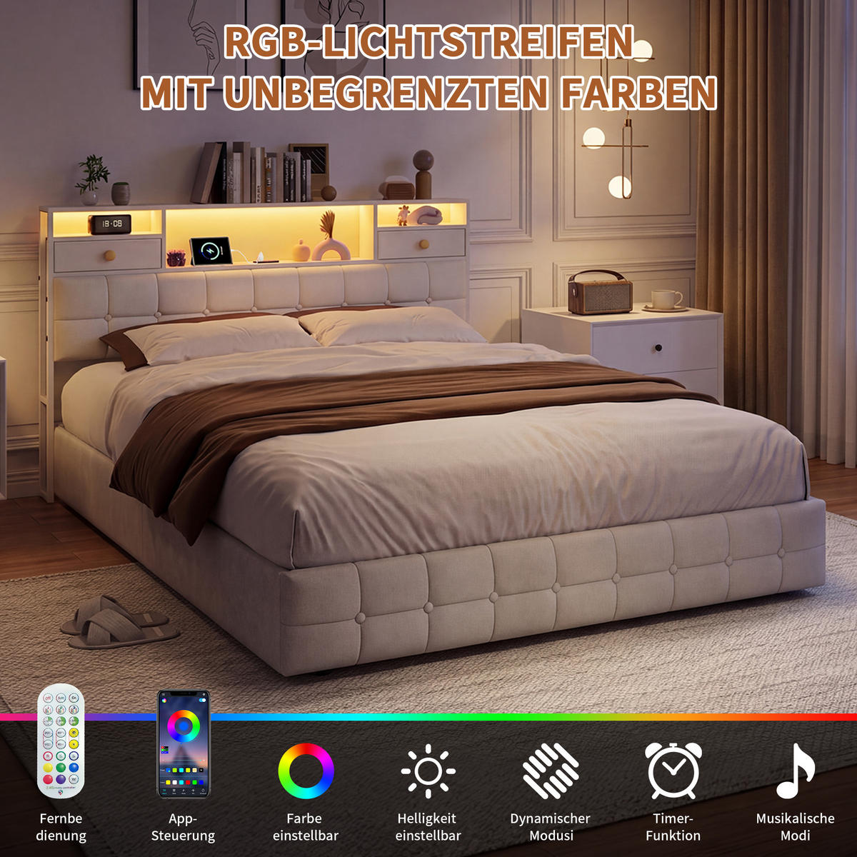 SÄNG 160x200cm beige med lådor, RGB-LED och laddningsstation - Vit, Trä - SHOPENTRA