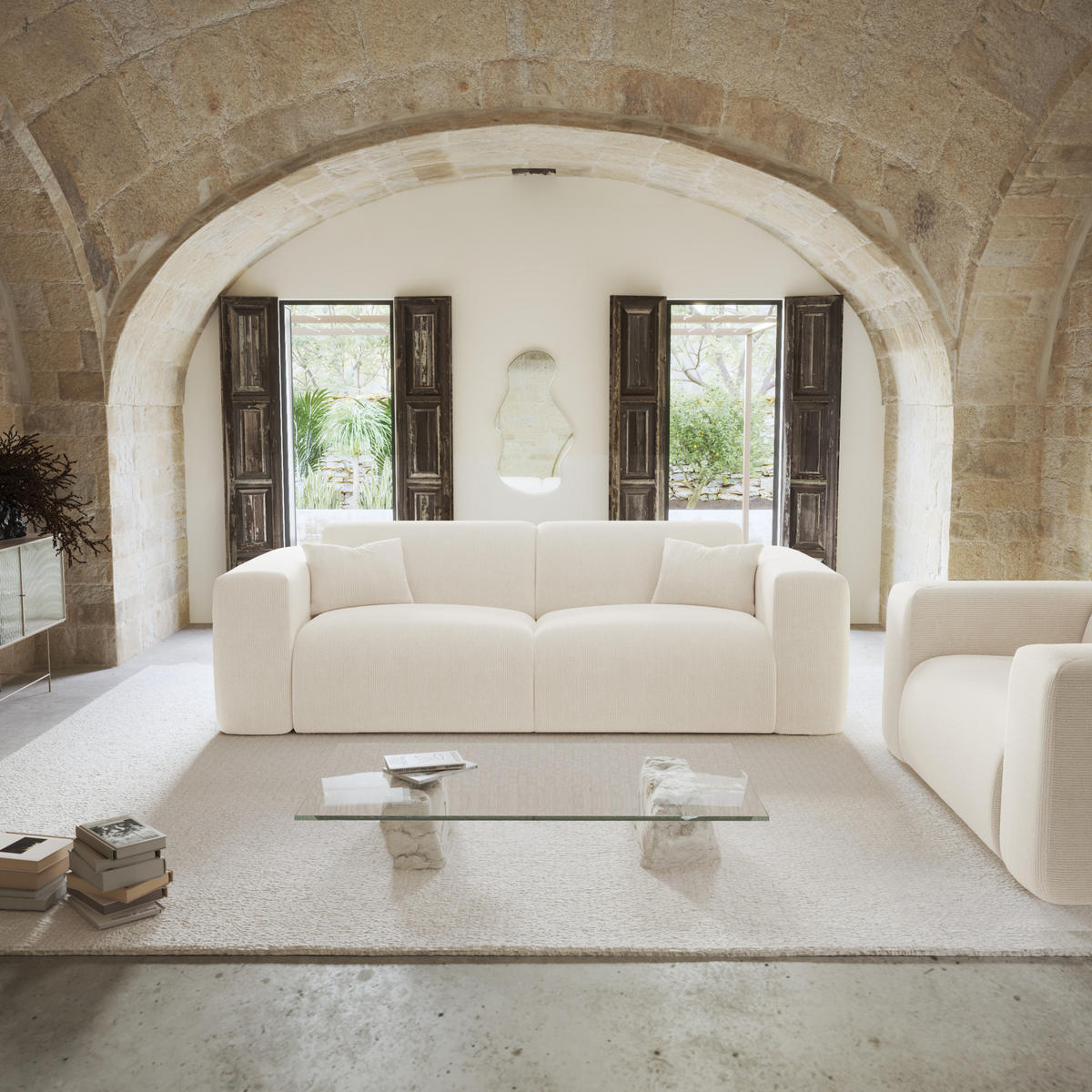 SCHLAFSOFA GERADE Gerippter Samt Creme 234cm - Creme, Textil (234/73/95cm) - Sia Home