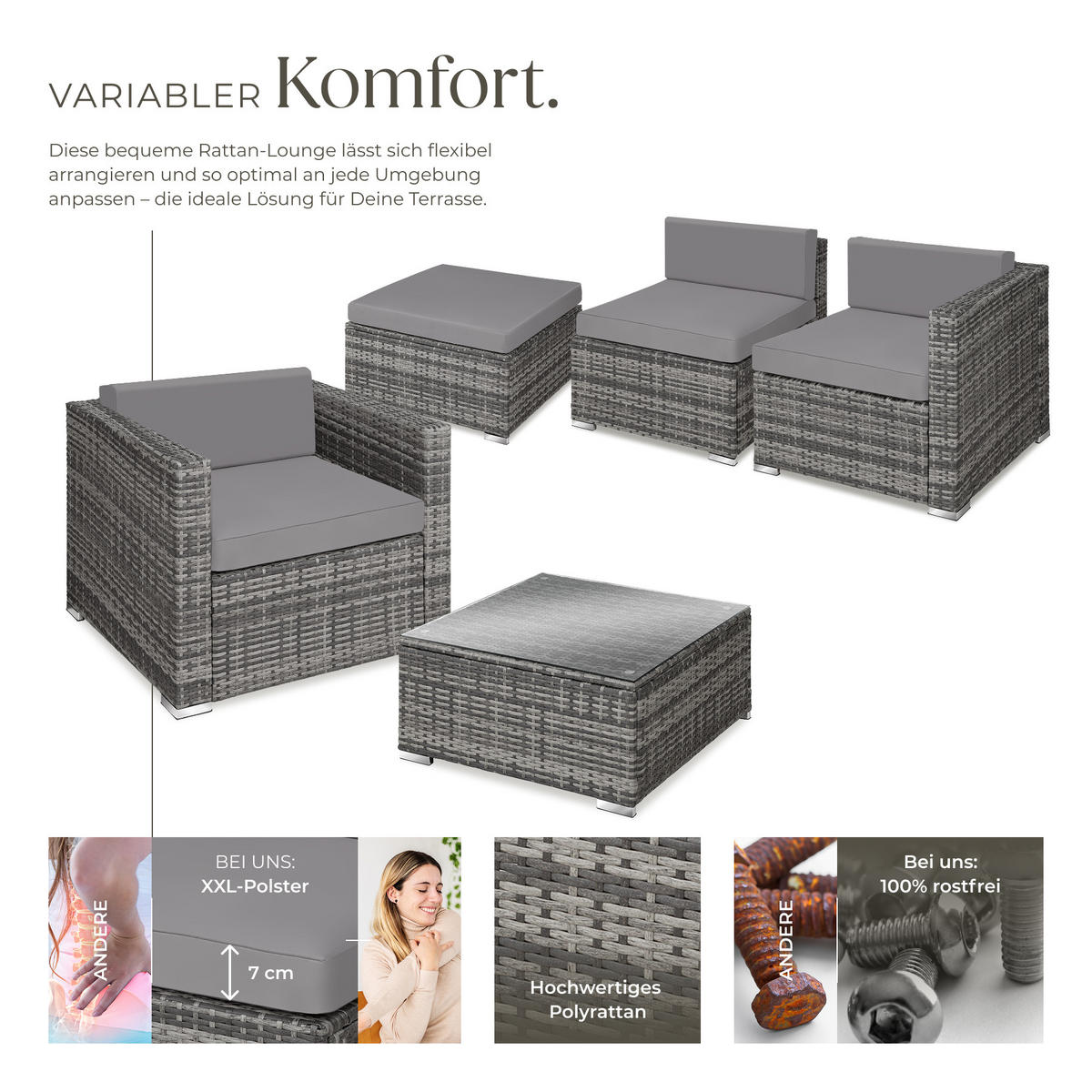 RATTANLOUNGE Milano, mit Sicherheitsglasplatte, grau - Grau, Kunststoff - tectake