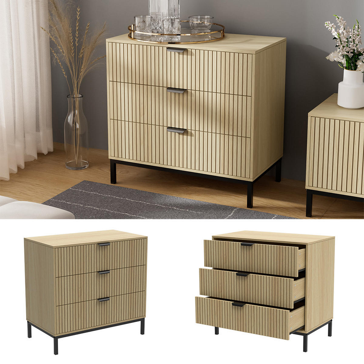 KOMMODE Lennox Eiche 72 x 69 cm mit 3 Schubladen - Eichefarben/Schwarz, Holzwerkstoff (72/69/40cm) - Vicco