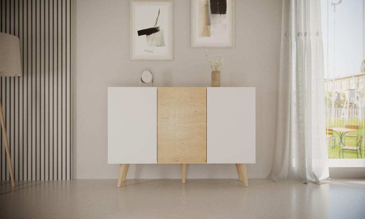 SIDEBOARD Ivy 120/95/40 in Lancelot Eiche, Weiß - Hellbraun/Braun, Holz/Holzwerkstoff (120/95.5/39.9cm) - WFL GROUP