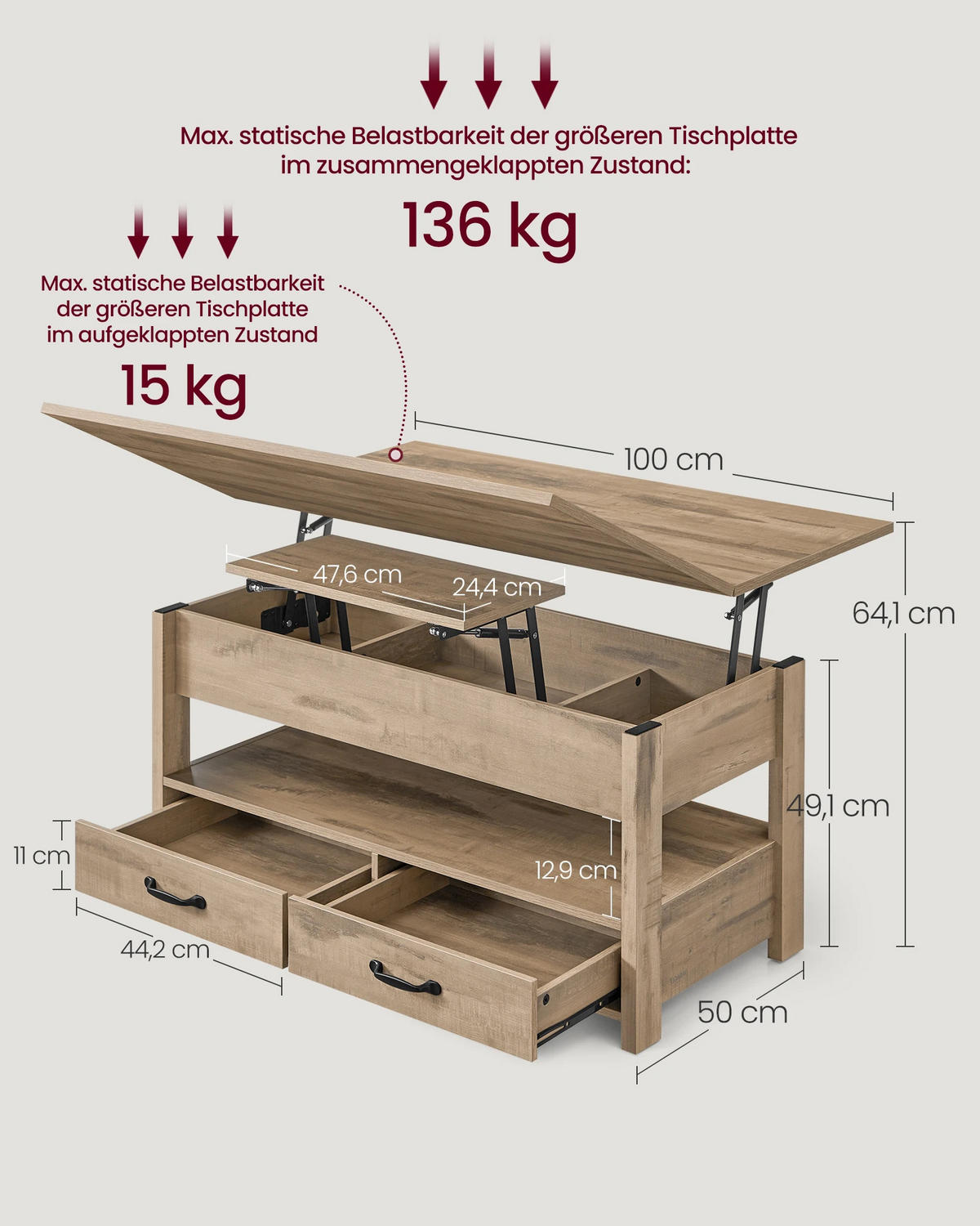 COUCHTISCH 100x64x50 höhenverstellbar Gas 2 Schubladen - Eichefarben, Holz (100/50/64cm) - Kaket