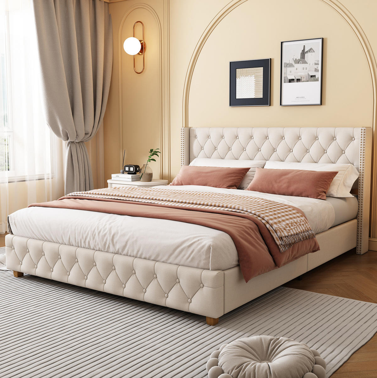 POLSTERBETT aus Leinen 160x200 cm Beige mit Lattenrost und gepolstertem Kopfteil - Beige, Textil (160/200cm) - IVMEU