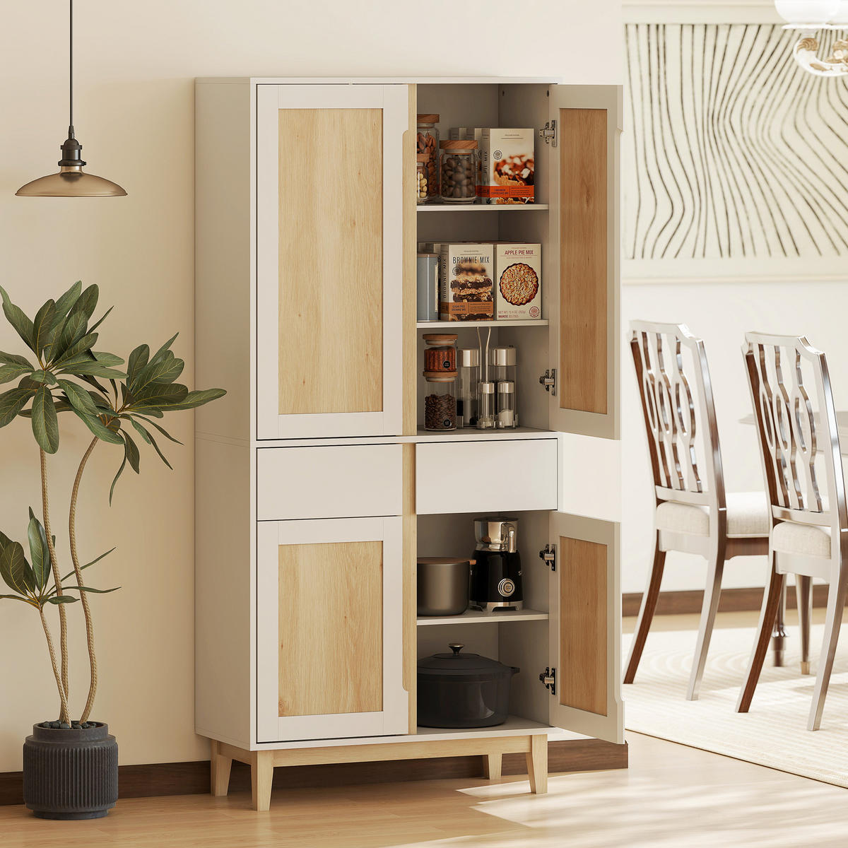 BUFFET DE-11225 4 Türen Weiß/Eiche - Weiß, Holzwerkstoff (35/170/80cm) - ComfortXL