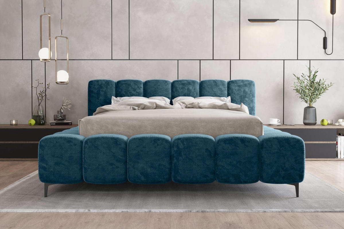 POLSTERBETT COZY Chenille Petrol 140/200 cm - Petrol/Schwarz, Textil/Metall (140/200cm) - 99rooms