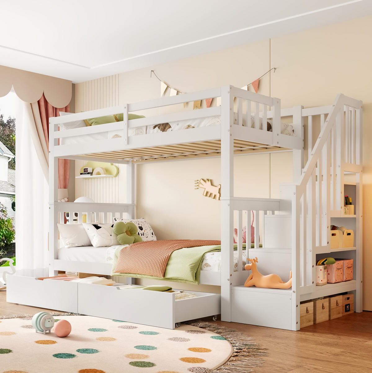 ETAGENBETT 90/200 cm in Weiß mit Treppenregal und 2 Schubladen - Weiß, Holz (90/200cm) - OKMYHOME