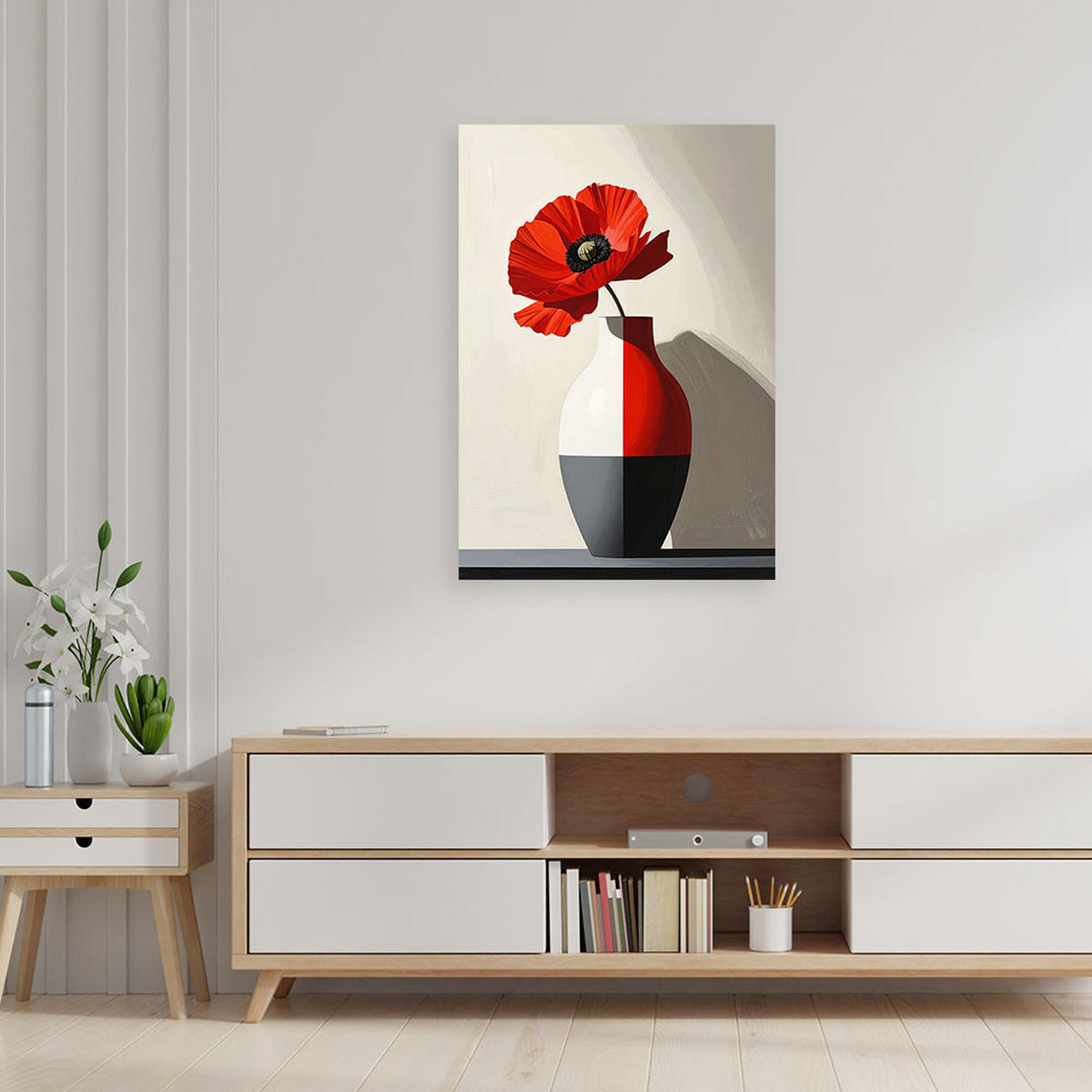 LEINWANDBILDER, Rote Blume in einer modernen schwarz-roten Vase - Rot, Textil (80/120cm) - Feeby