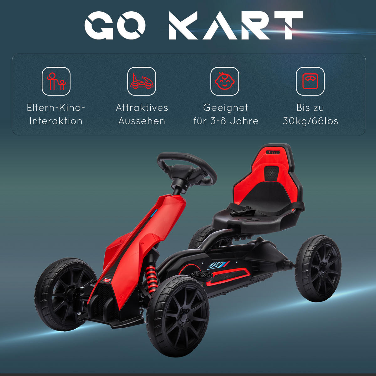 KINDER GO KART TRETAUTO, Blau/Rot, Metall+ Kunststoff - Rot, Metall (100/58/58.5cm) - HOMCOM