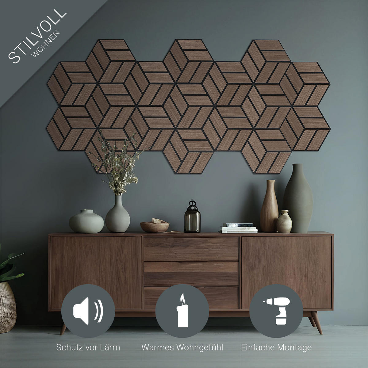 AKUSTIKPANEEL Hexagon Braun 15 Stück - Braun, Holz (30/26/2cm) - Homestyle4u