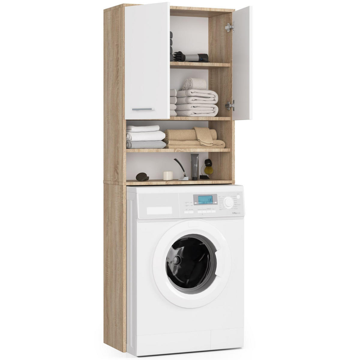 WASCHMASCHINENSCHRANK Sonoma Eiche, Weiß 64x30x180 cm - Silberfarben/Weiß, Holzwerkstoff/Kunststoff (64/180/30cm) - Akord