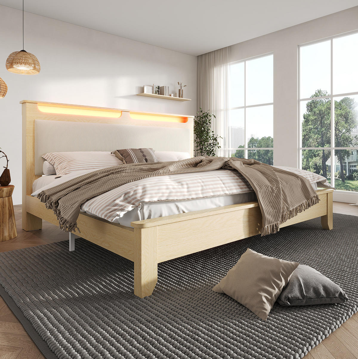 DOPPELBETT 180/200 cm Beige LED-Beleuchtung mit Kopfteil aus Cord und Stauraum - Beige, Textil (180/200cm) - OKWISH