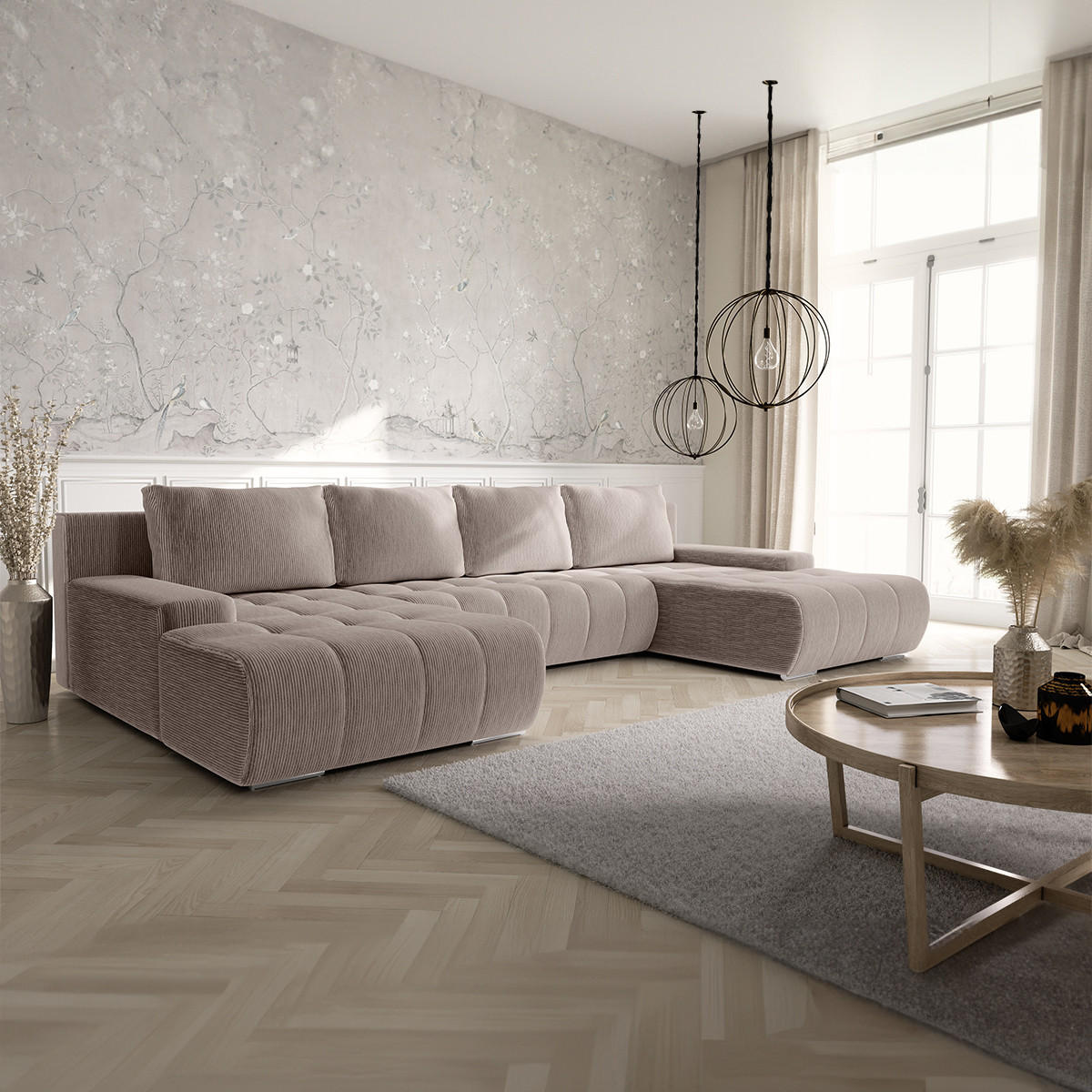 PANORAMASOFA Jonas 5 Sitzplätze Taupe - Taupe, Holz (350/85/185cm) - Petits-meubles